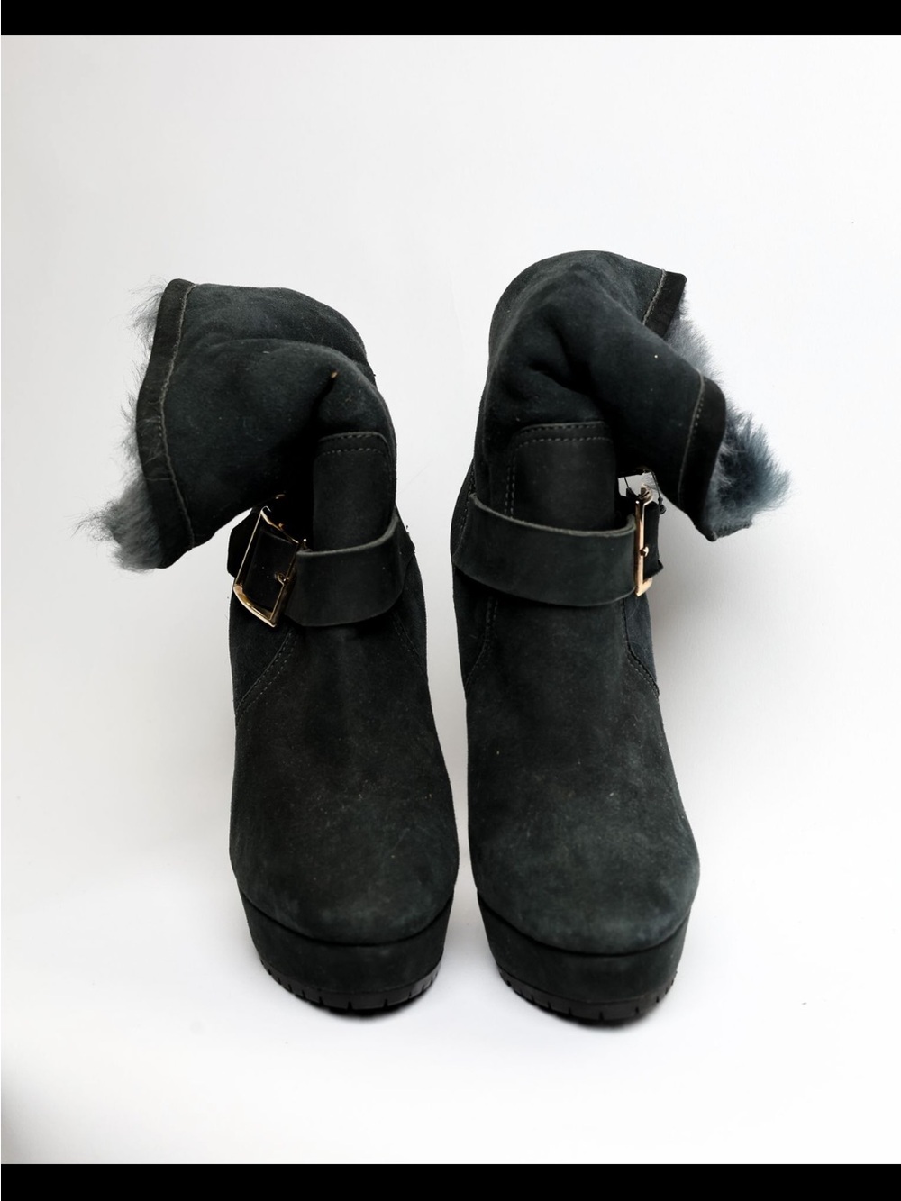 Jimmy Choo Black Suede Fur-Trim Platform Ankle Boots with Buckle